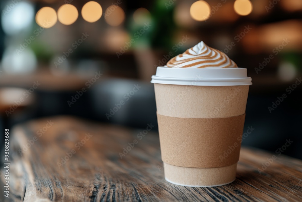 Poster close up of a takeaway coffee cup on a rustic wooden table capturing the warmth simplicity and comfo
