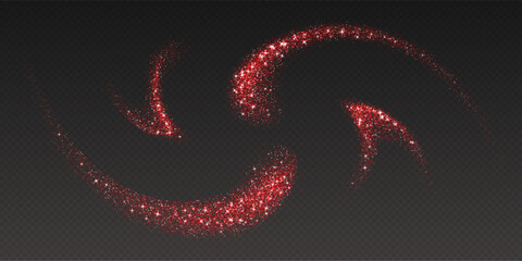 Red glitter splashes, shiny star dust explosion, shimmer spray effect, festive holiday particles isolated on a dark background. Vector illustration.