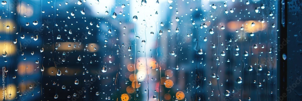 Poster raindrops on a window with an indistinct structure behind