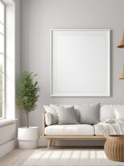 Scandinavian farmhouse room interior, plain white frame mockup, 3d rendering