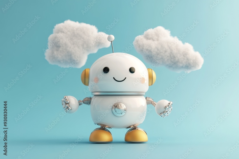 Poster cute robot with cloud shaped ears standing against a colorful background representing the playful si