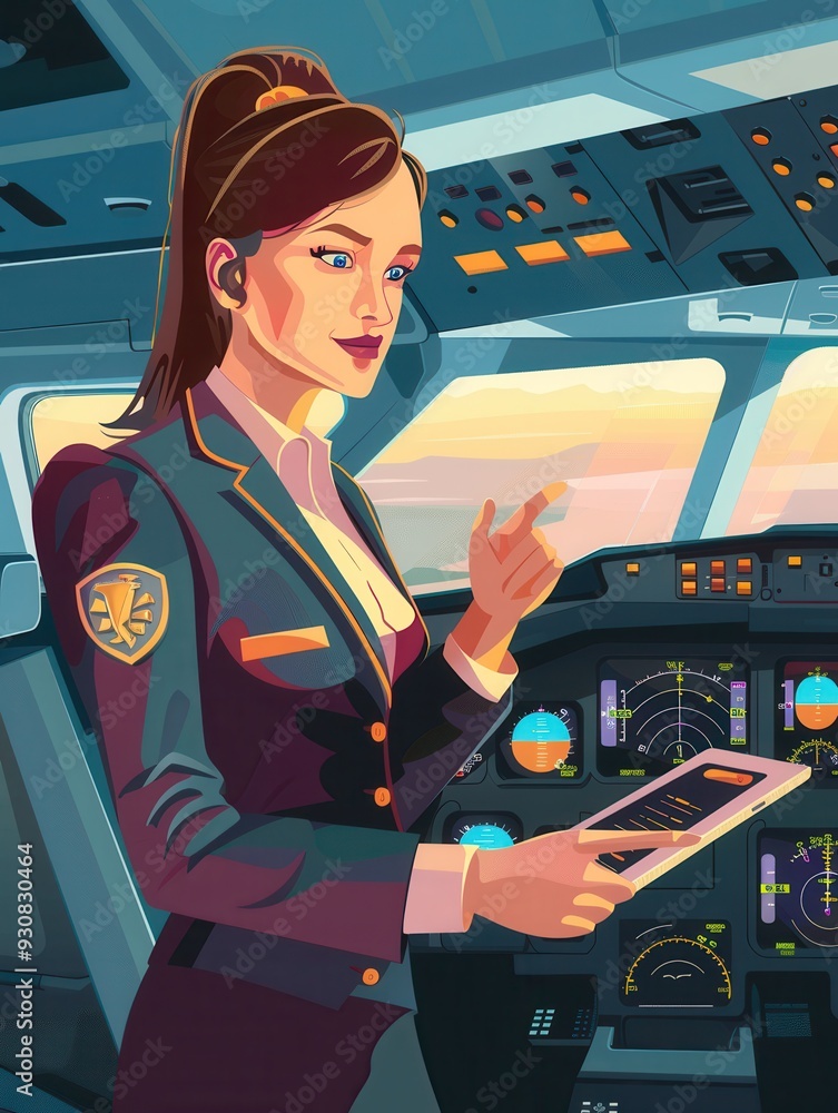 Poster a flight attendant in a stylish uniform holds a tablet, reviewing flight information in the cockpit 