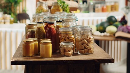 Bulk products in recyclable glass containers used by zero waste supermarket eliminating all single...