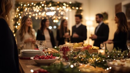 Elegant Christmas Gathering with Holiday Decorations, Sophisticated Guests, and Festive Ambiance