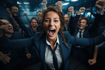 Obraz premium Teamwork triumph: excitement of reaching goals, completing projects with united group, employee appreciation day, celebrating collaborative efforts, dedication of workers in business environment