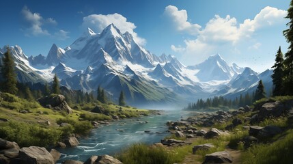 A tranquil mountain lake surrounded by lush greenery and towering peaks, with a bright blue sky stretching above.