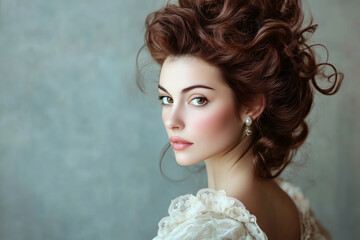 Fototapeta premium An elegant lady with a stylish updo showcases her captivating beauty in soft light