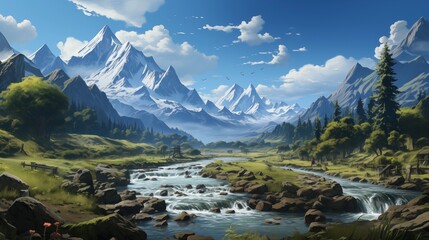 A tranquil mountain lake surrounded by lush greenery and towering peaks, with a bright blue sky stretching above.