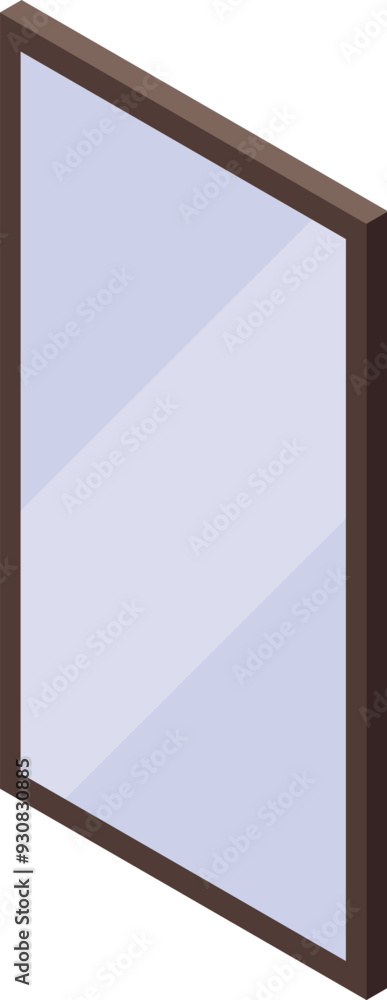 Poster simple vector representing a big vertical mirror with a wooden frame, in isometric view