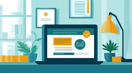 Virtual Certification Achievement: Displaying Digital Certificate for Online Service Industry Course Completion on Laptop or Tablet