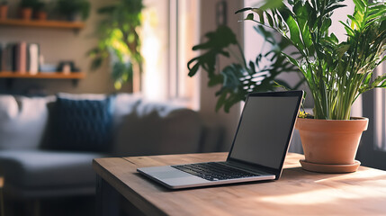 "Cozy Workspace: Open Laptop on Wooden Desk with Potted Plant and Couch"