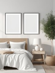 Scandinavian farmhouse room interior, plain white frame mockup, 3d rendering