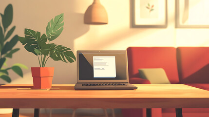 "Cozy Workspace: Open Laptop on Wooden Desk with Potted Plant and Couch"