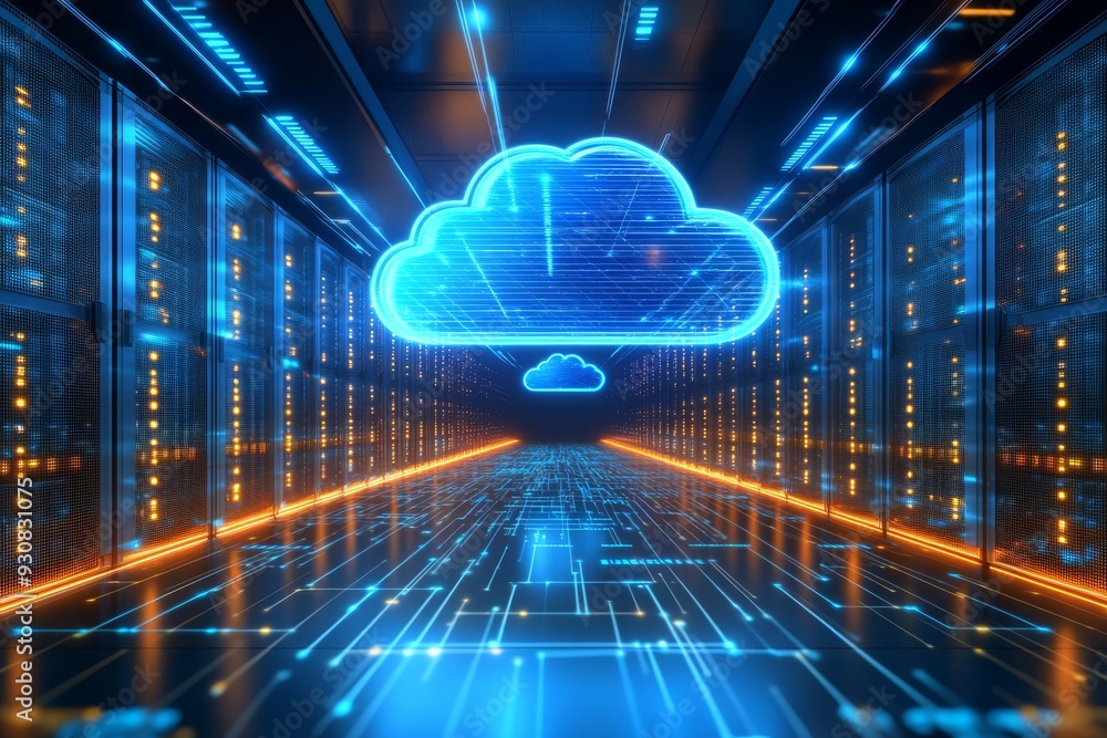 Poster glowing cloud symbol hovering over a futuristic server room illustrating the concept of cloud comput