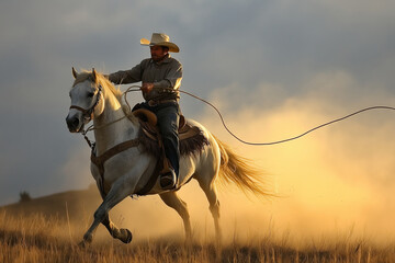 Cowboy skillfully roping while riding a majestic grey horse in a dynamic countryside setting