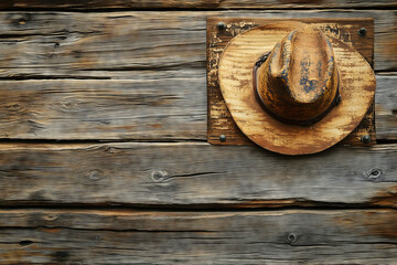 Rustic cowboy hat hanging atop a weathered wooden background showcasing a vintage charm