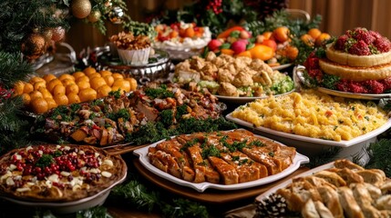 Obraz premium Extravagant Holiday Buffet Featuring a Delicious Variety of Festive Dishes and Seasonal Treats Perfect for Celebratory Gatherings
