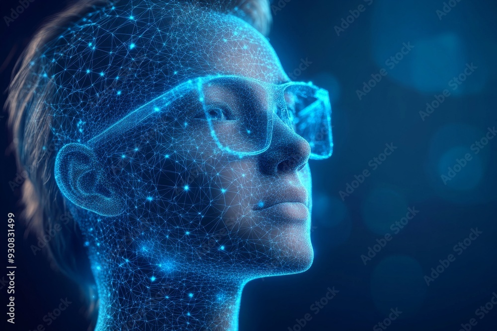 Poster futuristic portrait of a human face composed of digital elements representing the blending of human 