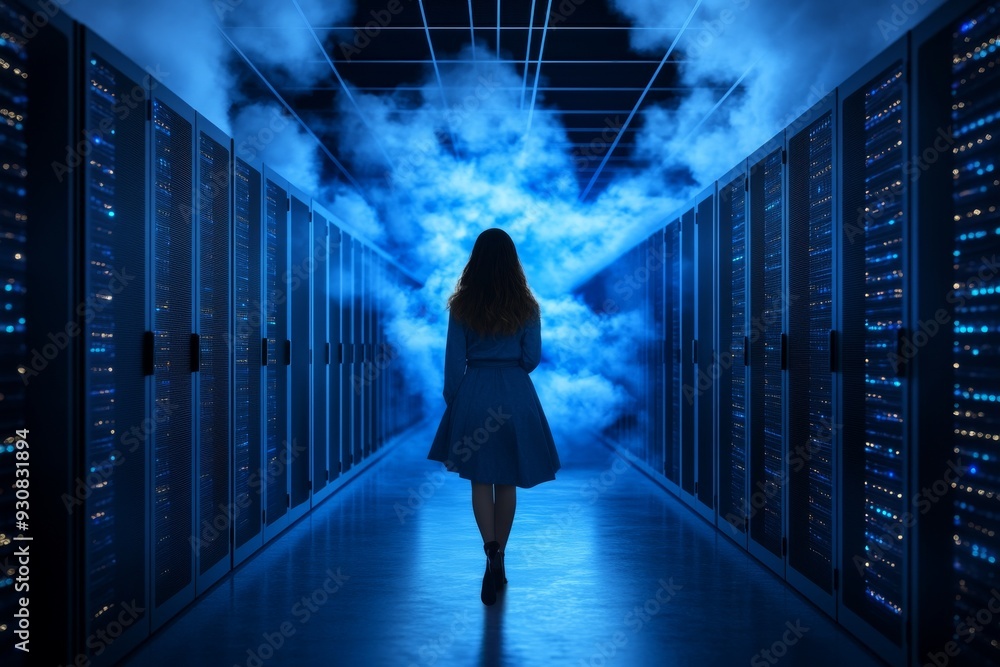 Poster silhouetted woman walking through a data center with blue clouds illustrating the mysterious and pow