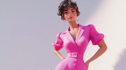 3D cartoon illustration of a stunning woman in a cute pink dress and pants posed against a bright white backdrop