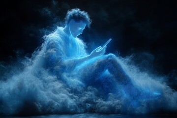 Obraz premium Ethereal figure sitting on a cloud reading a book representing the serene and imaginative blend of creativity knowledge and cloud technology in a digital fantasy setting