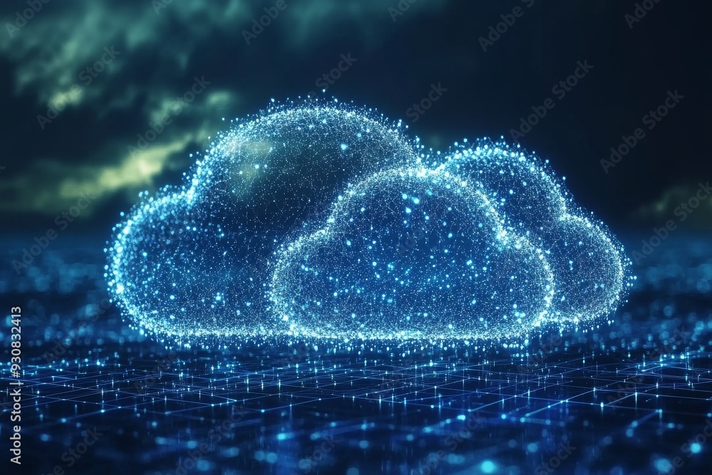 Poster digital cloud made of luminous particles floating in a dark environment representing the ethereal be