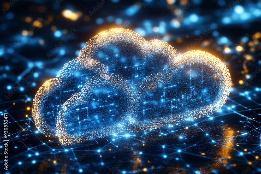 Aufkleber glowing blue digital cloud made of particles symbolizing the advanced connectivity data flow and tec