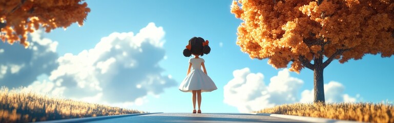 Fototapeta premium 3D Cartoon Girl in Dress on a Sunny Road