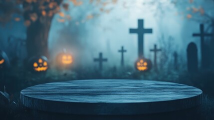 Spooky graveyard at twilight with glowing pumpkins and wooden platform surrounded by tombstones. Generative AI