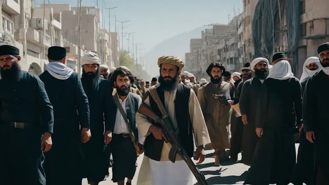 Crowd of people walking on a street
