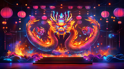 Tai Hang Fire Dragon Dance Banner with Vibrant Stage Lights