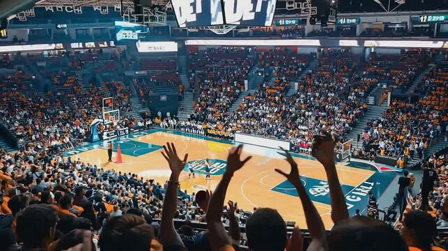 People fans cheering at basketball game arena