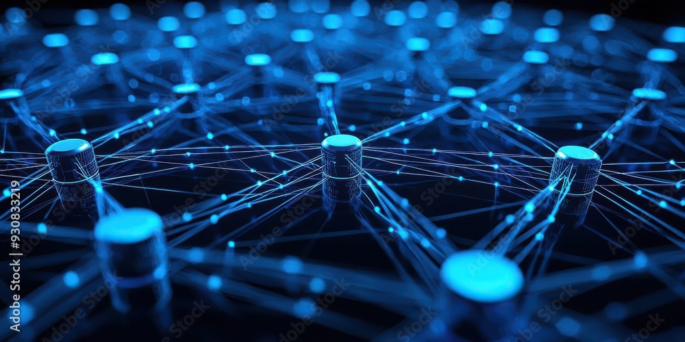 Poster a datum network visualized as a complex web of glowing connections