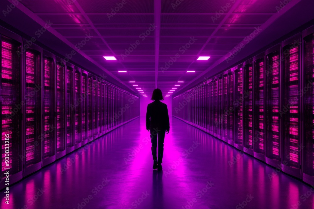 Aufkleber silhouetted figure walking through a neon lit server room representing the mysterious and futuristic