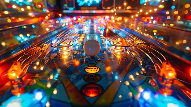 A close-up view of a pinball machine with a white ball in the center.  The game is illuminated by colorful lights and the background is blurred.