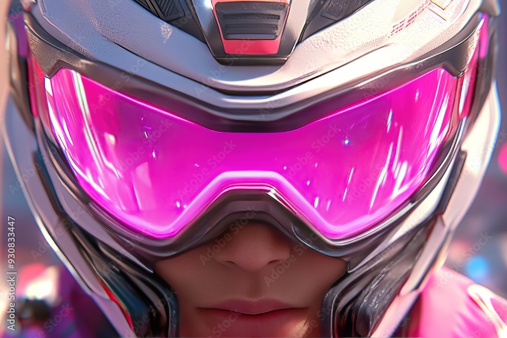 Poster close up of a futuristic helmet with a reflective pink visor symbolizing the advanced technology and