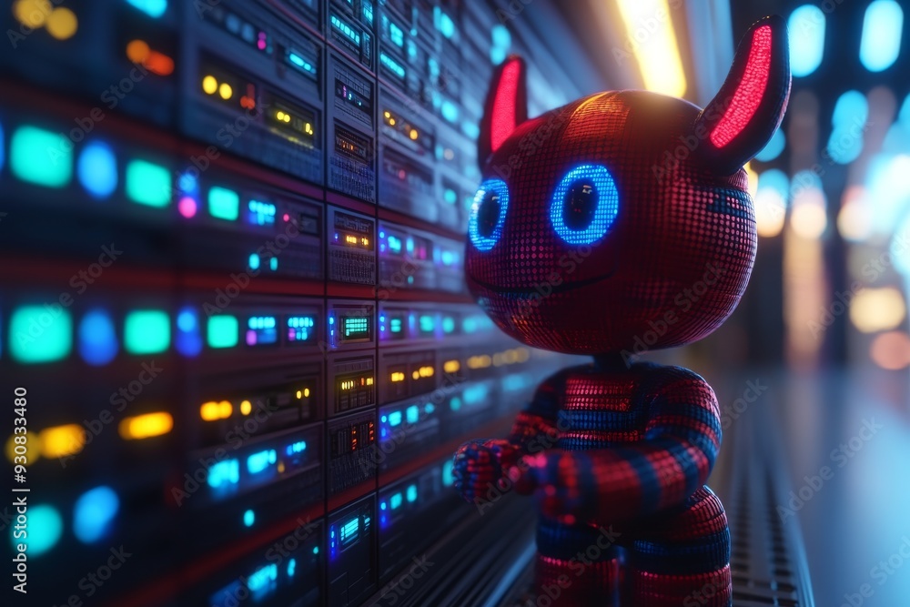 Poster cyberpunk inspired devil robot in a neon lit server room representing the edgy and futuristic side o