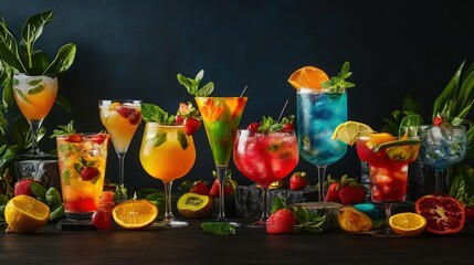 Fototapeta premium Mocktail Extravaganza: Vibrant Non-Alcoholic Drinks in Elegant Glassware with Fresh Fruit Garnishes