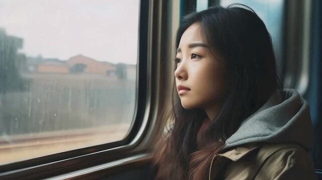 Asian woman riding on a train sad face