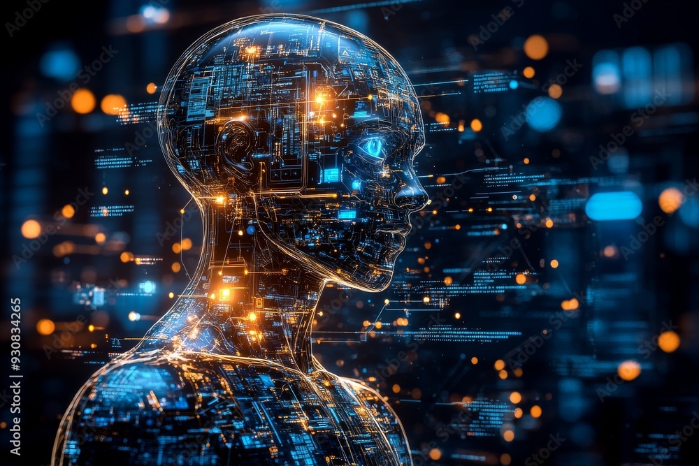 Poster digital human profile surrounded by glowing data streams representing the fusion of human intelligen
