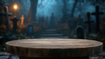 Fototapeta premium A wooden table in a foggy graveyard at dusk, surrounded by ancient gravestones and eerie lighting under a dark sky. Generative AI