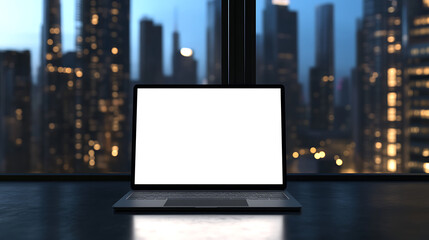 "3D Modern Laptop Mockup with Blank Screen and City Background"