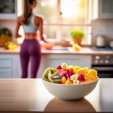 frutas picadas dentro de uma pequena bacia, a imagem deve representar sa&uacute;de e bem-estar e ao fundo desfocado est&aacute; uma mo&ccedil;a com roupa de academia em uma cozinha branca e muito bonito 