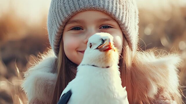 cute girl with curious seagull bird looking at camera with sunset light