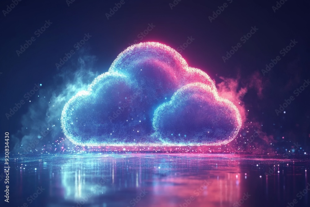 Aufkleber glowing neon cloud hovering over a reflective surface representing the vibrant energy and futuristic