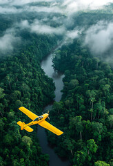 "Aerial View of Lush Forest with Yellow Airplane and Misty River"