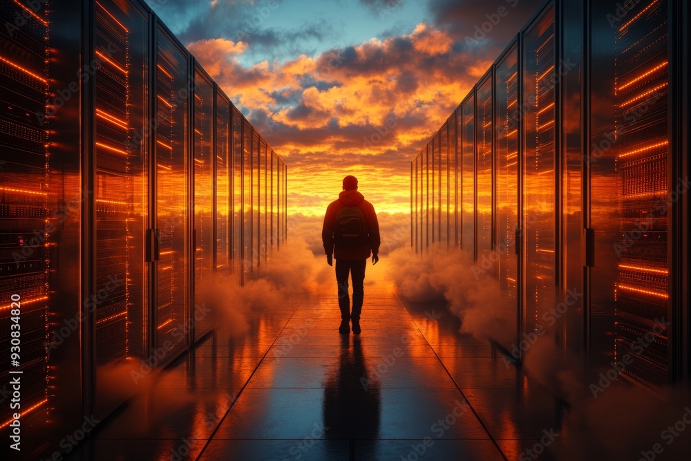 Aufkleber silhouetted figure walking through a glowing data center representing the journey through the digita