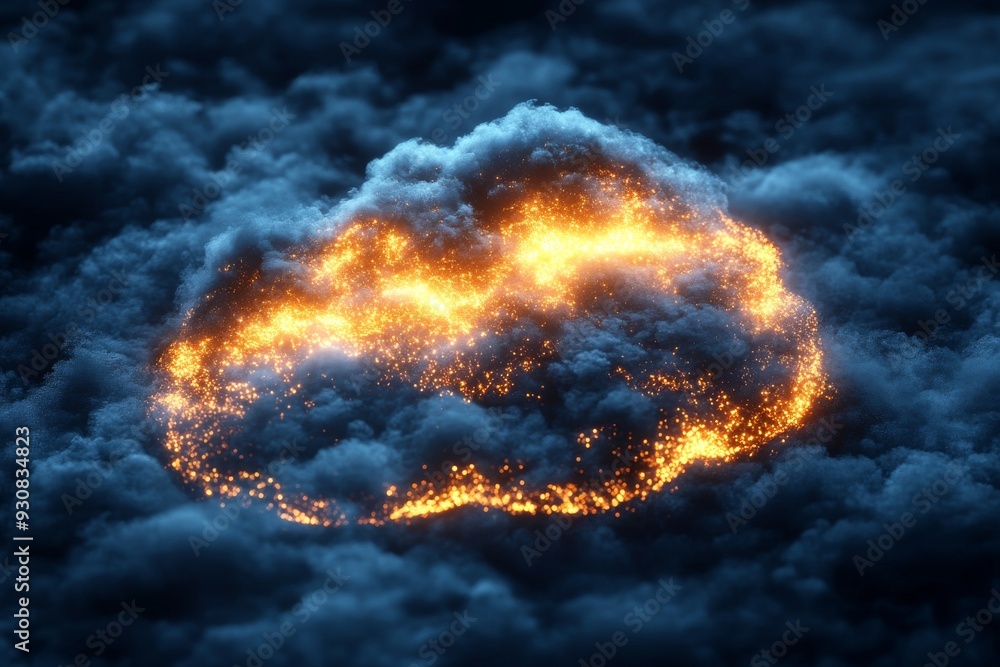 Poster fiery cloud in a dark sky symbolizing the powerful and dynamic energy of cloud computing technology 