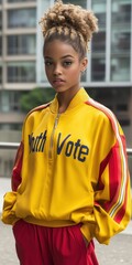Fototapeta premium Young woman at youth vote event, wearing yellow and red tracksuit