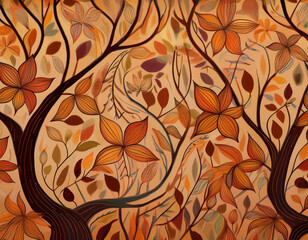 Abstract Forest Floor Illustration with Leaves, Twigs, and Bark in Simplified Shapes and Warm Colors